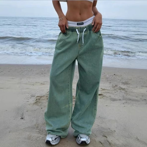 Damen Weite Vintage-Denim-Hose mit elastischem Tunnelzugbund und bodenlangem Baggy-Schnitt Echo Archiv