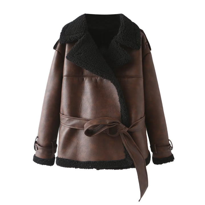 Damen Taillierter Aviator-Mantel aus Kunstleder mit Teddyfutter und Bindegürtel Echo Archiv
