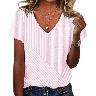 Damen nan gestreifte V-Ausschnitt-Bluse mit asymmetrischem Streifenmix und Kurzarm Echo Archiv