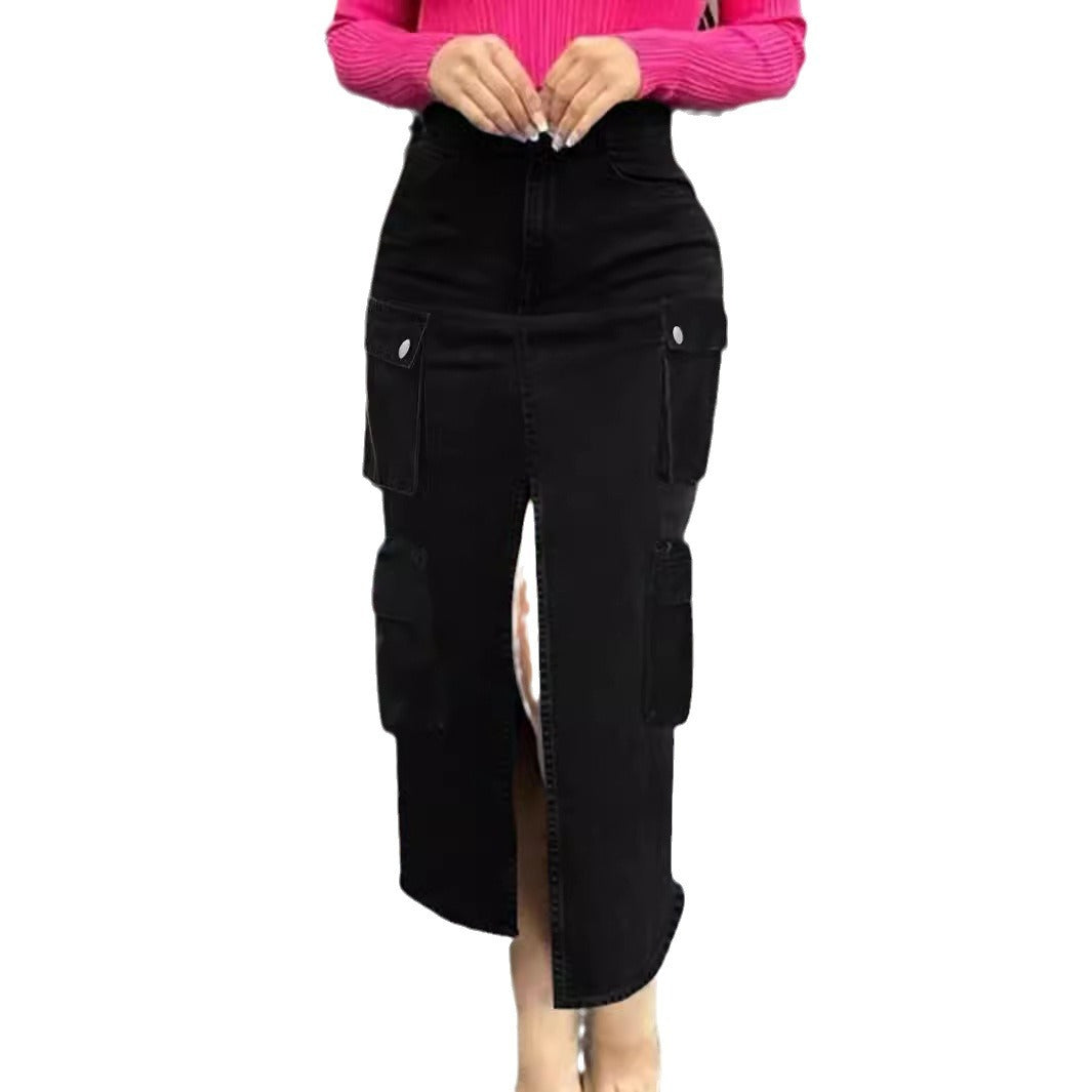 Damen High-Waist Cargo-Denim-Midirock mit Frontschlitz Echo Archiv