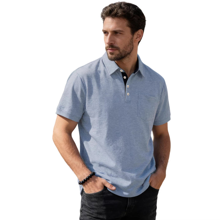 Herren nan Kurzarm-Polokragen-Shirt aus texturiertem Jersey mit Brusttasche und kontrastierter Knopfleiste Echo Archiv