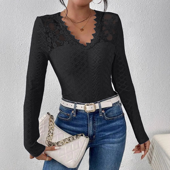Damen nan figurbetontes Spitzen-Langarmshirt mit gezacktem V-Ausschnitt Echo Archiv