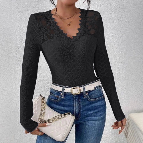 Damen nan figurbetontes Spitzen-Langarmshirt mit gezacktem V-Ausschnitt Echo Archiv