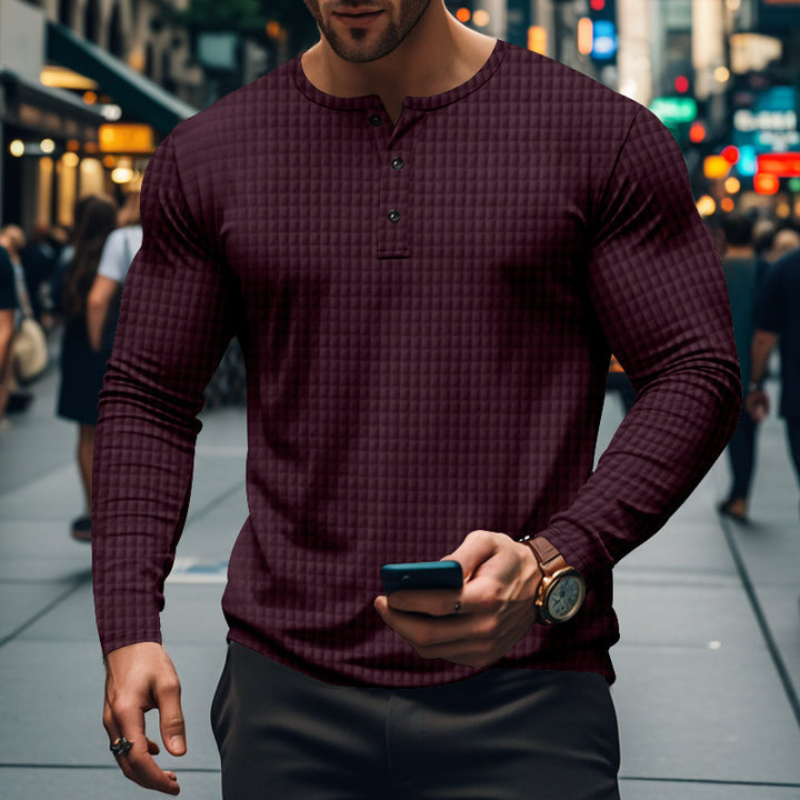 Herren nan figurbetontes Langarmshirt mit Rundhals-Knopfleiste und Waffelstruktur Echo Archiv