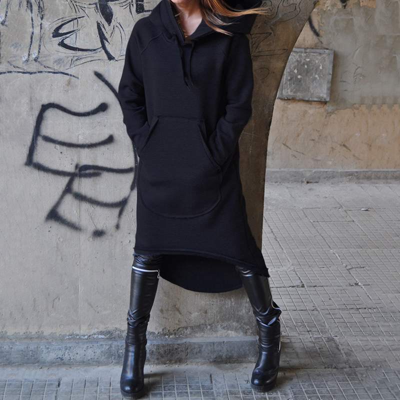 Damen nan Oversize Kapuzenkleid mit hohem Rückensaum, Kängurutasche und lässigem Streetstyle-Schnitt Echo Archiv