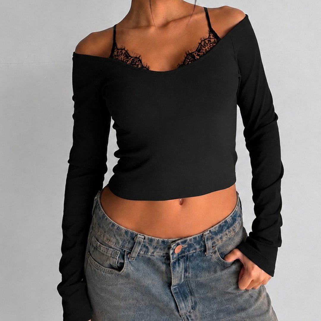 Damen Schulterfreies Langarm-Cami mit zarter Spitzen-Innenschicht und verstellbaren Spaghettiträgern – Avérine