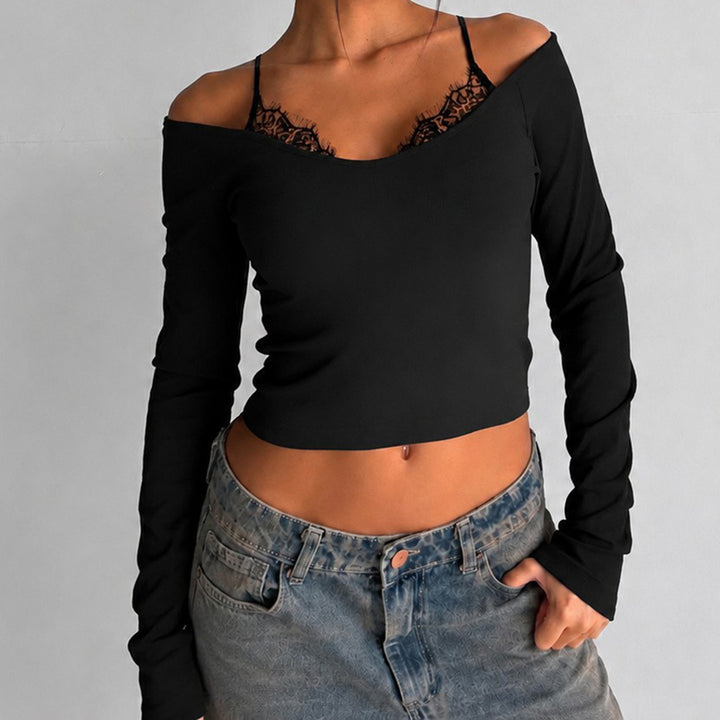 Damen Schulterfreies Langarm-Cami mit zarter Spitzen-Innenschicht und verstellbaren Spaghettiträgern – Avérine
