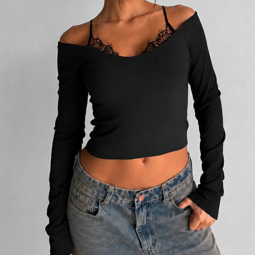 Damen Schulterfreies Langarm-Cami mit zarter Spitzen-Innenschicht und verstellbaren Spaghettiträgern – Avérine