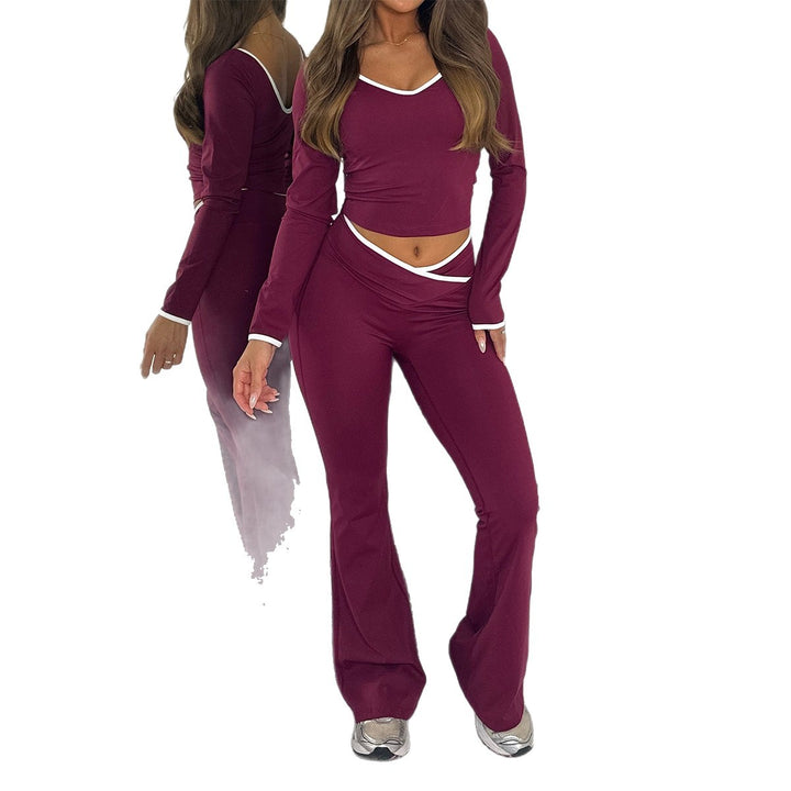 Damen figurbetontes Longsleeve-Croptop und ausgestelltes High Waist Schlaghosenset – Élanora