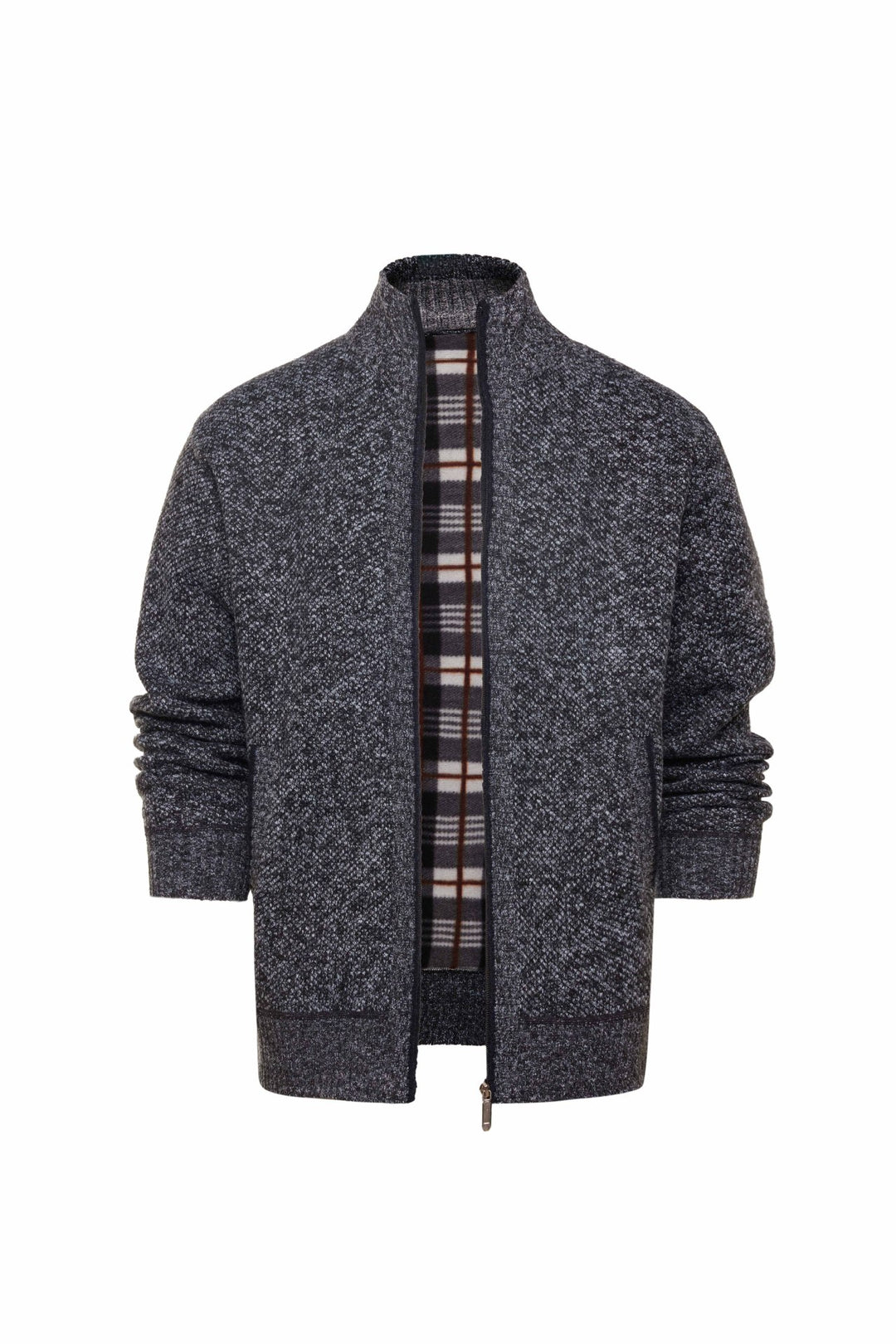 Herren gebürstete Strickjacke mit kariertem Thermofutter und Stehkragen – Taviero