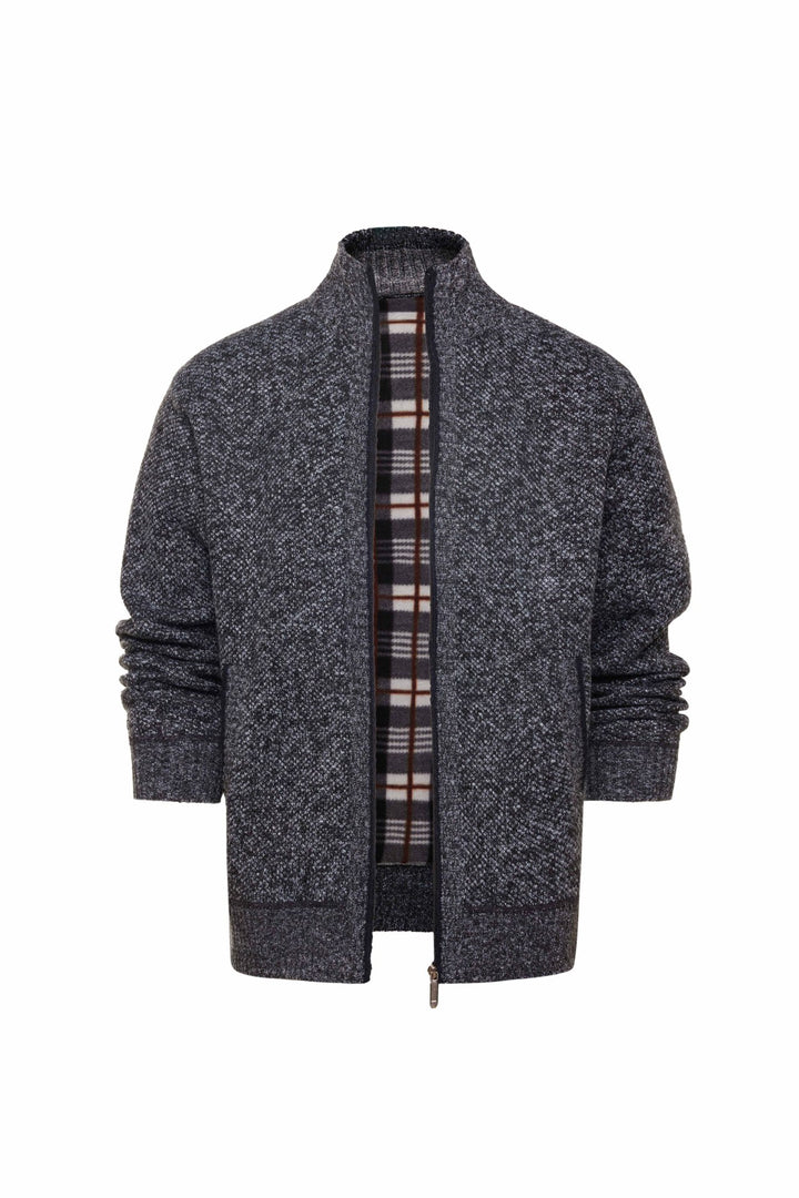 Herren gebürstete Strickjacke mit kariertem Thermofutter und Stehkragen – Taviero