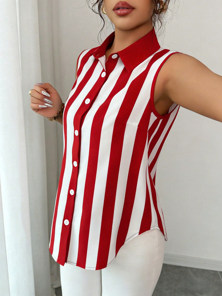 Damen Ärmellose Hemdbluse mit Kentkragen, A-Linien-Silhouette und durchgehender Knopfleiste – Élovi