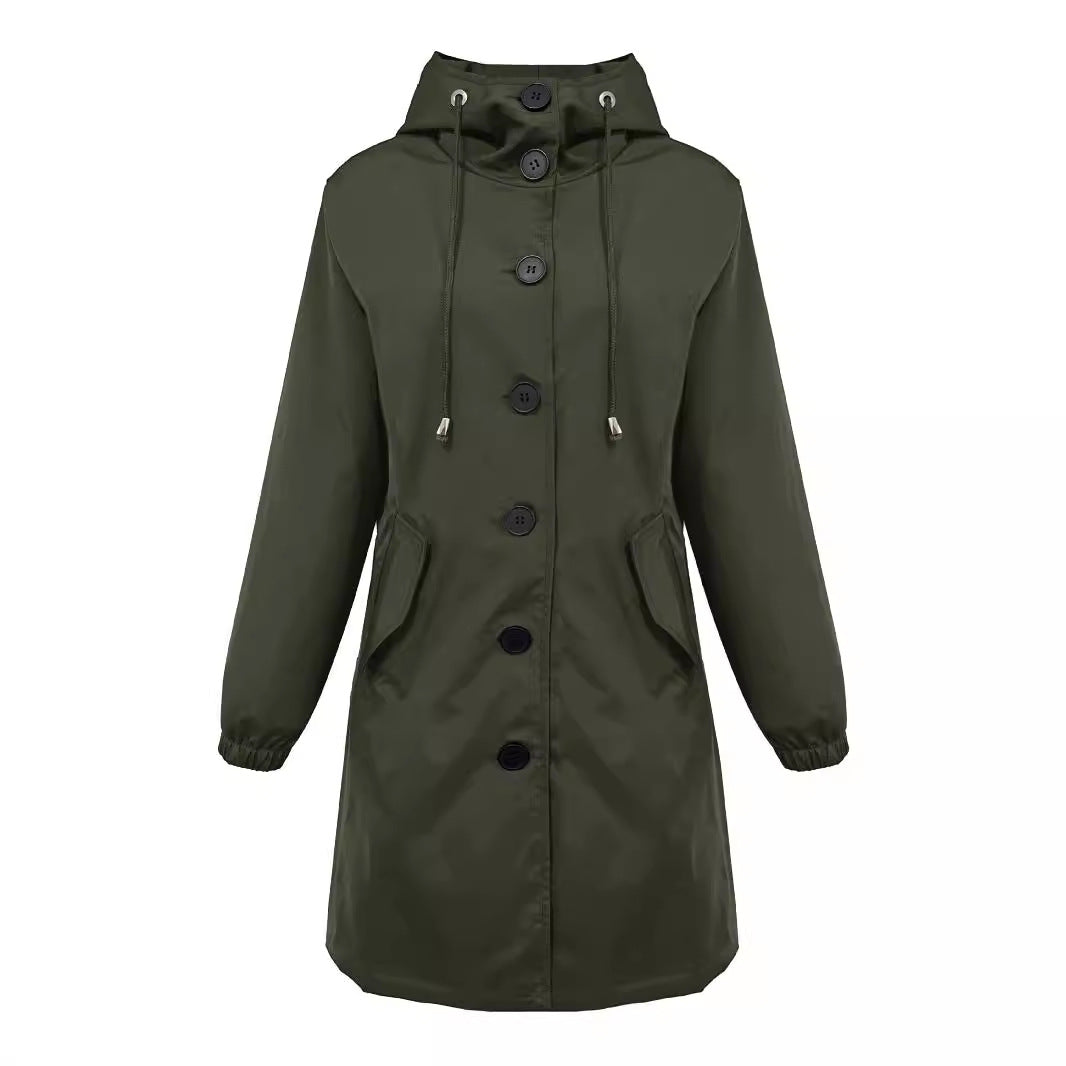 Damen nan leichter Regenparka mit Kapuze, überlanger Knopfleiste, Tunnelzug und aufgesetzten Taschen Echo Archiv