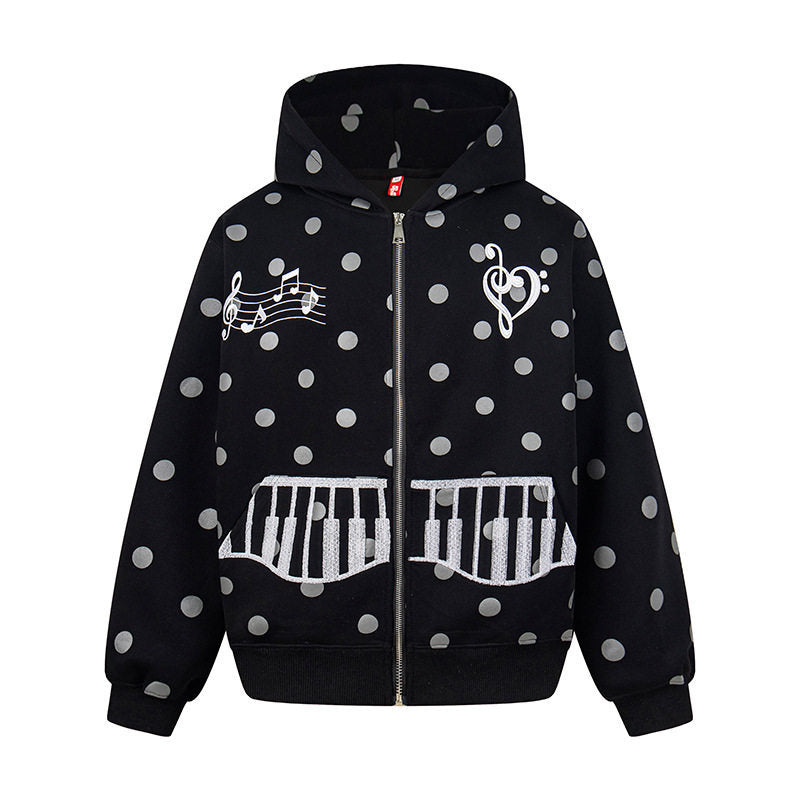 Damen Kapuzen-Sweatjacke im Retro-Punkte-Look mit gestickten Klavier-Taschen und Noten-Emblem Echoarchiv