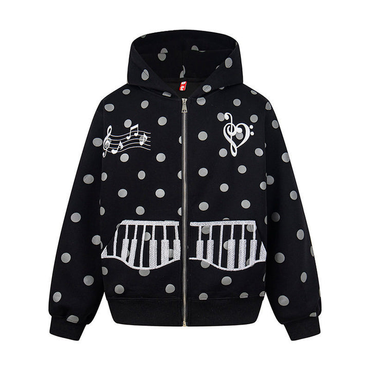 Damen Kapuzen-Sweatjacke im Retro-Punkte-Look mit gestickten Klavier-Taschen und Noten-Emblem Echoarchiv