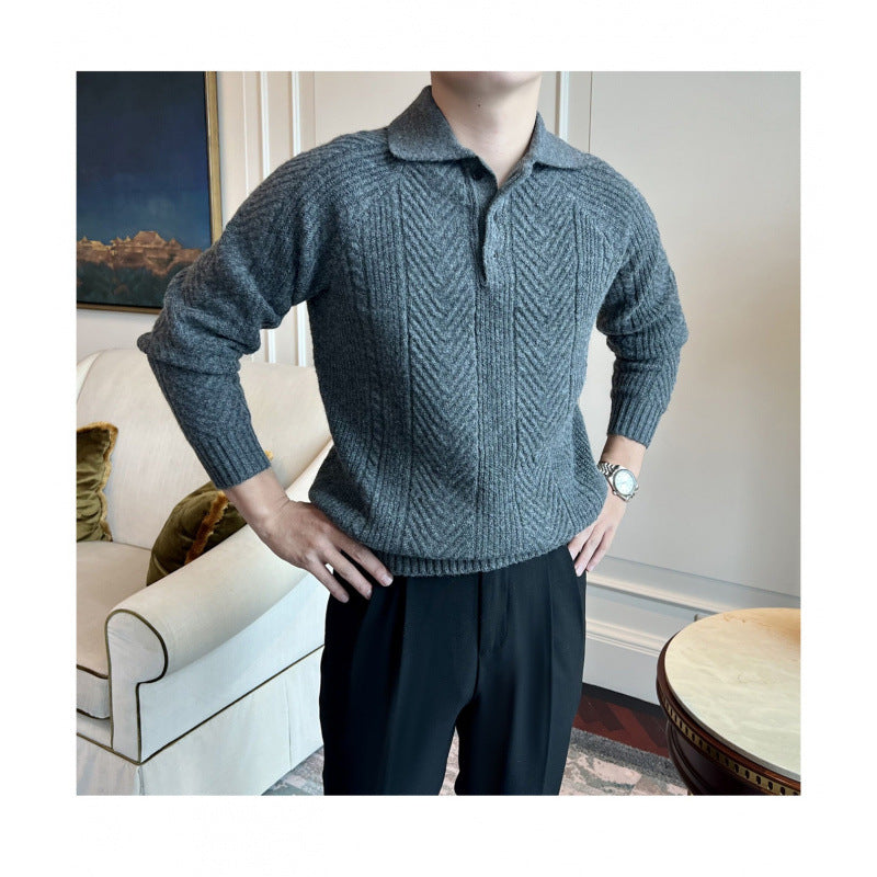 Herren Polokragen-Zopfstrick-Pullover mit halber Knopfleiste Echoarchiv