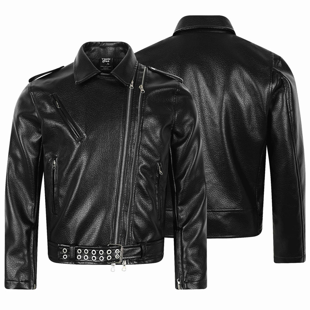 Herren Asymmetrische Bikerjacke aus Kunstleder mit Nietenbund und mehrfachen Reißverschlüssen Echoarchiv