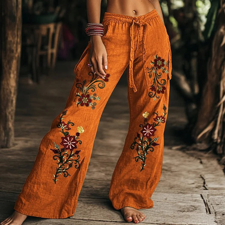 Damen weite Leinenhose mit floralen Stickereien Echoarchiv