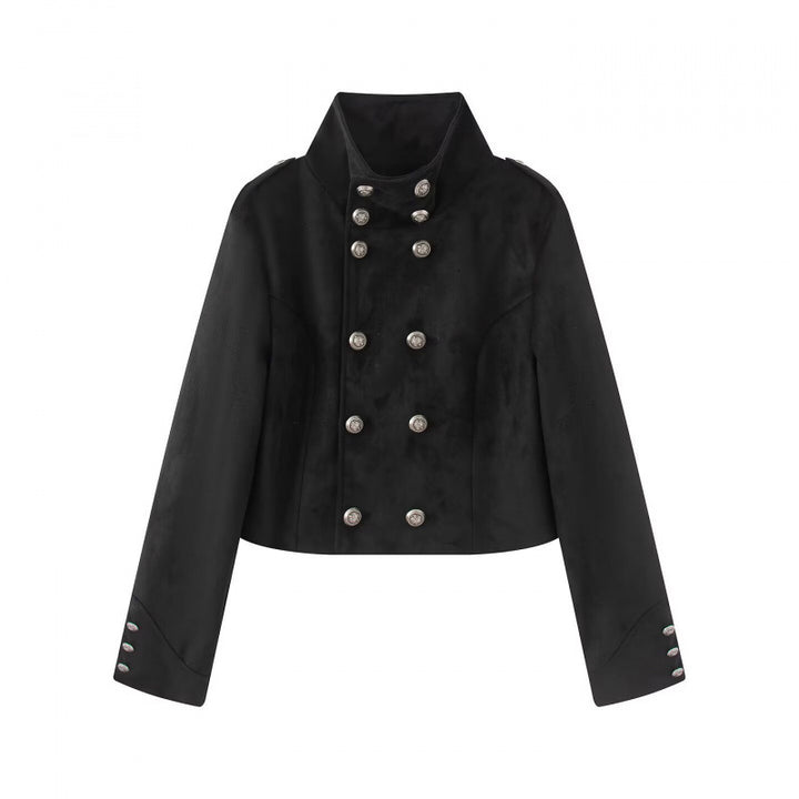 Damen Kurzgeschnittene Taillierte Militärblousonjacke mit hohem Stehkragen, doppelreihigen Metallknöpfen und Schulterriegeln Echo Archiv