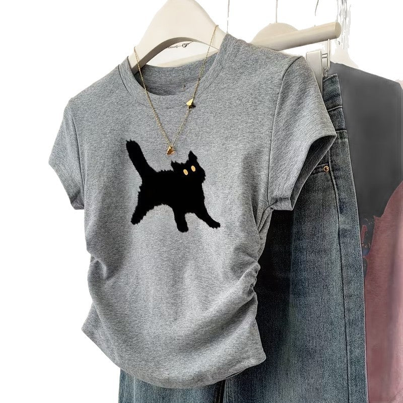 Damen T-Shirt mit kreativem Katzenmotiv und lässigem Schnitt Echo Archiv
