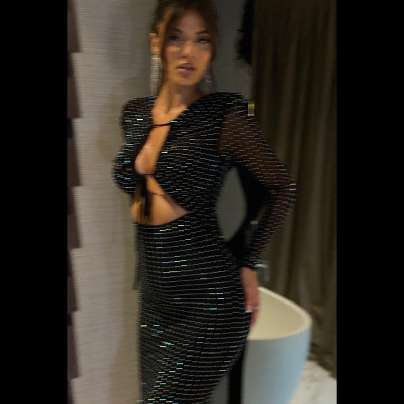 Damen Elegantes Maxikleid mit transparenten Ärmeln und Rüschendetails Echo Archiv