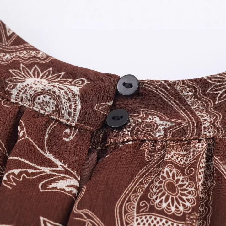 Damen Asymmetrisches Paisley‑Chiffon‑Minikleid mit Ballonärmeln und Taillengürtel Echoarchiv