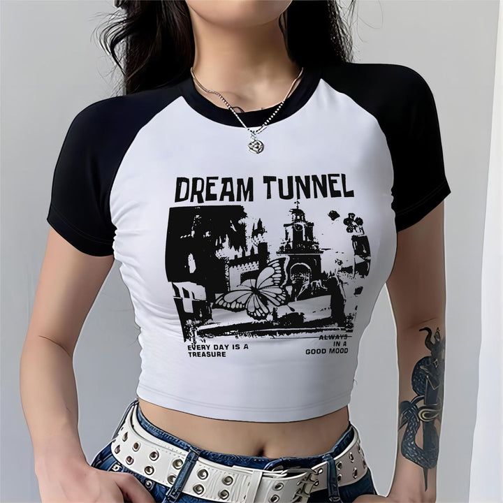 Damen Cropped T-Shirt mit auffälligem Druckdesign Echo Archiv