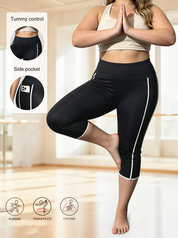 Damen Capri-Sportleggings mit hoher Taille, Bauchkontrolle und seitlicher Smartphone-Tasche echoarchiv-