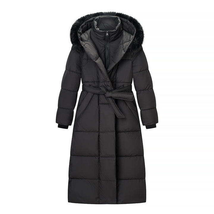 Damen Wattierter Longline-Mantel mit Kapuze und Taillengürtel Echo Archiv