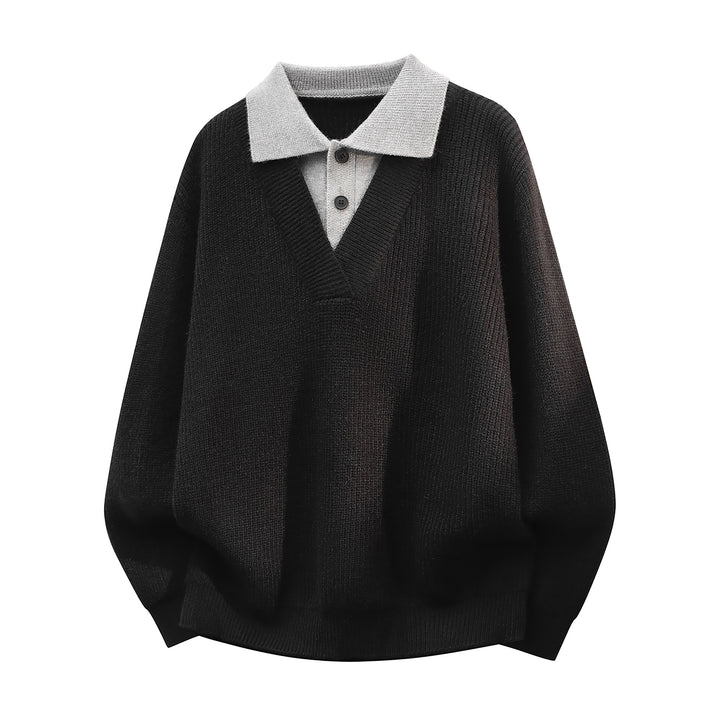Herren Grobstrick-Pullover mit tiefem V-Ausschnitt und kontrastierendem Polokragen Echoarchiv