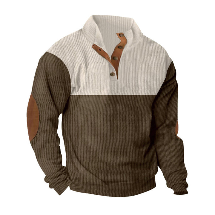 Herren nan gerippter Pullover mit Stehkragen, Knopfleiste und Ellbogen-Patches Echo Archiv