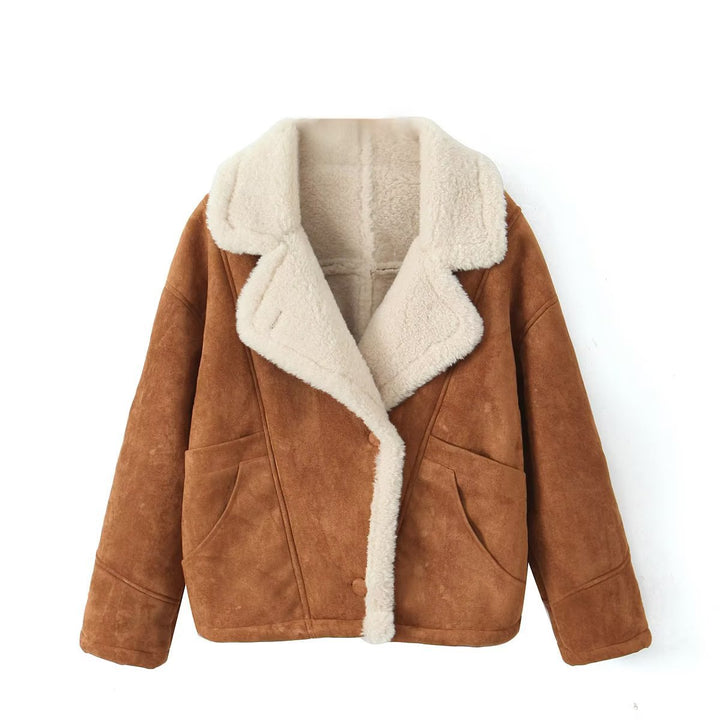 Damen Kurzgeschnittene Fliegerjacke aus Veloursimitat mit Teddyfutter und großem Revers Echo Archiv