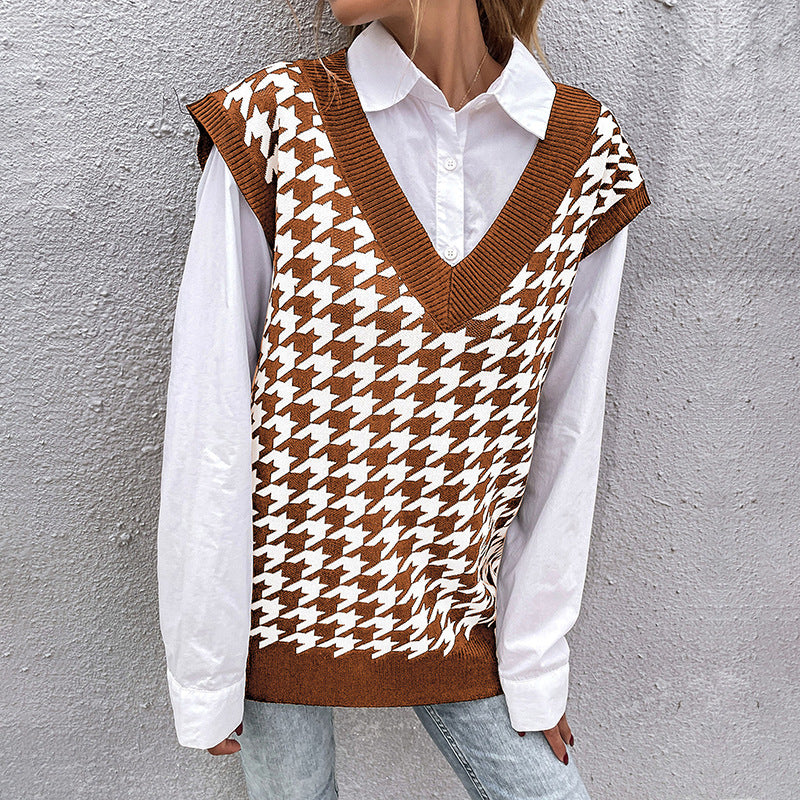 Damen Oversize Strickweste mit Hahnentritt‑Muster und tiefem V‑Ausschnitt Echoarchiv