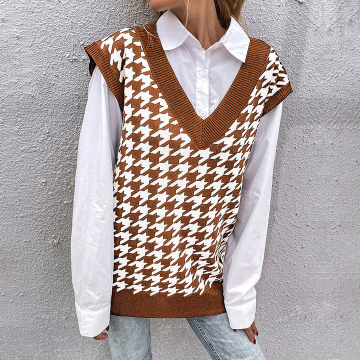 Damen Oversize Strickweste mit Hahnentritt‑Muster und tiefem V‑Ausschnitt Echoarchiv