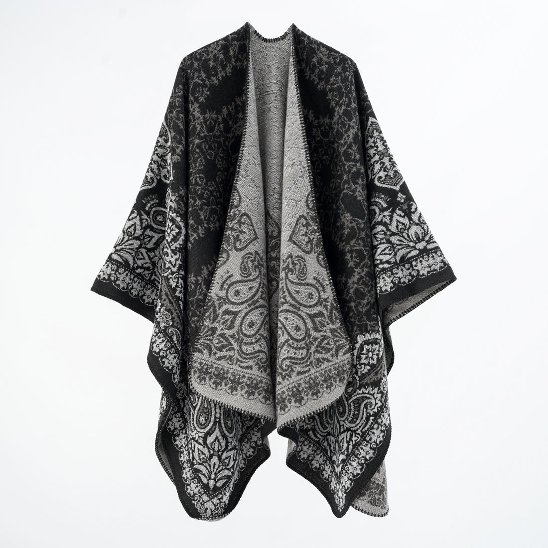 Damen Überwurfponcho im Double-Face‑Jacquard mit Paisley‑Inspiration und Zierstichkante – Célinea
