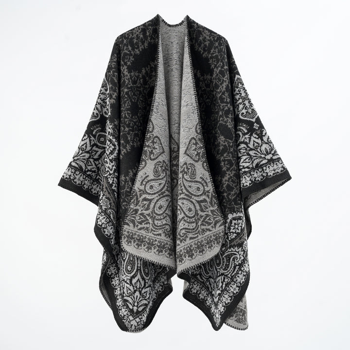 Damen Überwurfponcho im Double-Face‑Jacquard mit Paisley‑Inspiration und Zierstichkante – Célinea