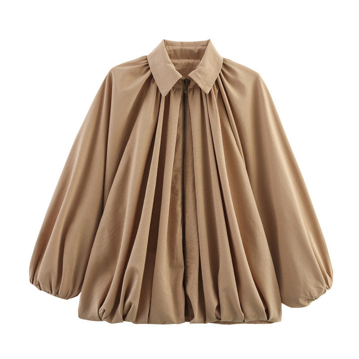 Damen Oversize Plissée-Hemdbluse mit Frontreißverschluss, Kellerfalten und Ballonärmeln Echo Archiv