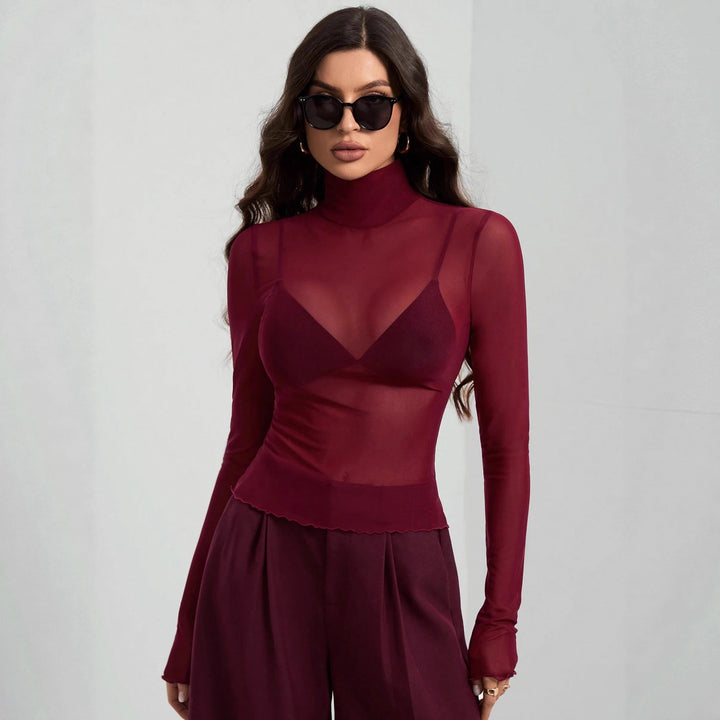Damen nan feines transparentes Mesh-Langarmtop mit Rollkragen und figurbetonter Passform Echo Archiv