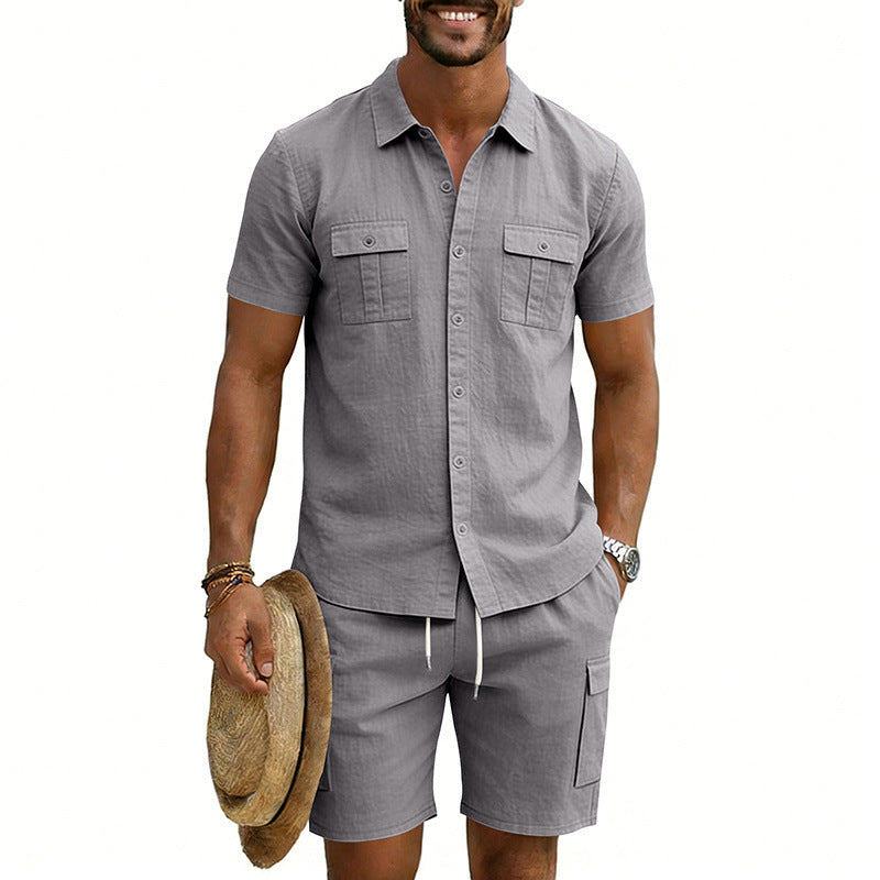 Herren nan sommerliches Freizeitset aus Baumwoll-Leinenmix mit Kurzarm-Hemd und Cargo-Shorts Echo Archiv