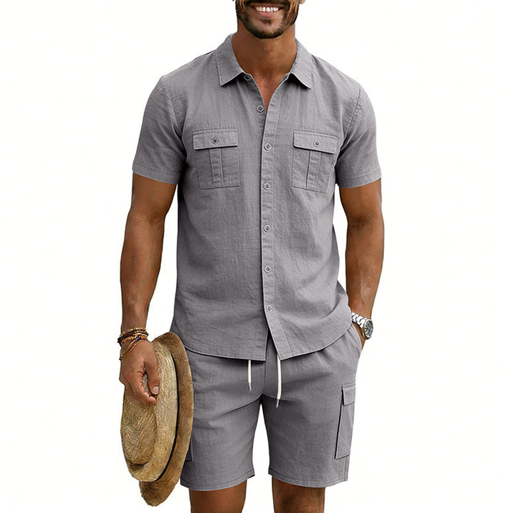 Herren nan sommerliches Freizeitset aus Baumwoll-Leinenmix mit Kurzarm-Hemd und Cargo-Shorts Echo Archiv