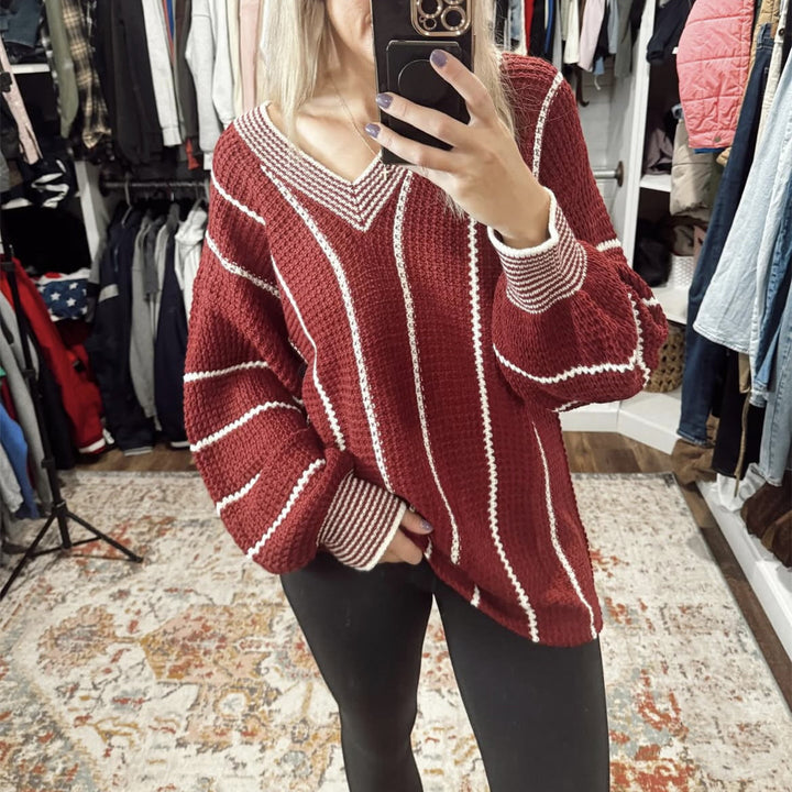 Damen Cropped Strickpullover mit V-Ausschnitt, Waffelstruktur und kontrastierenden Streifen – Mavelle