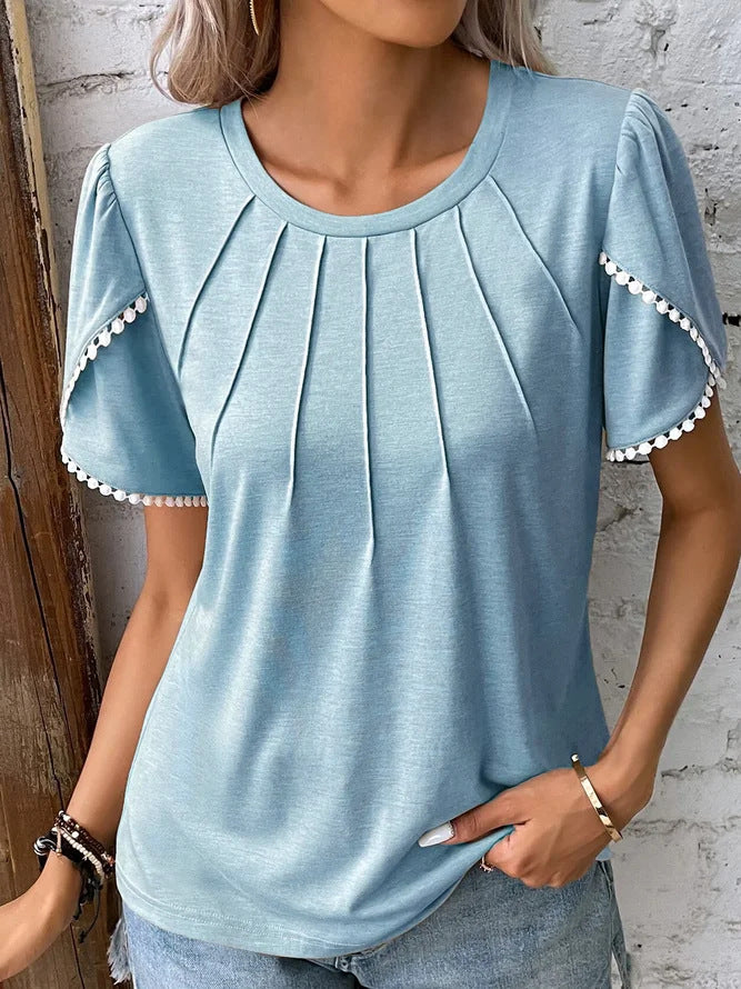 Damen nan Rundhals-Shirt mit dekorativer Kellerfalten-Front, Flatterärmeln und Pompon-Borte Echo Archiv