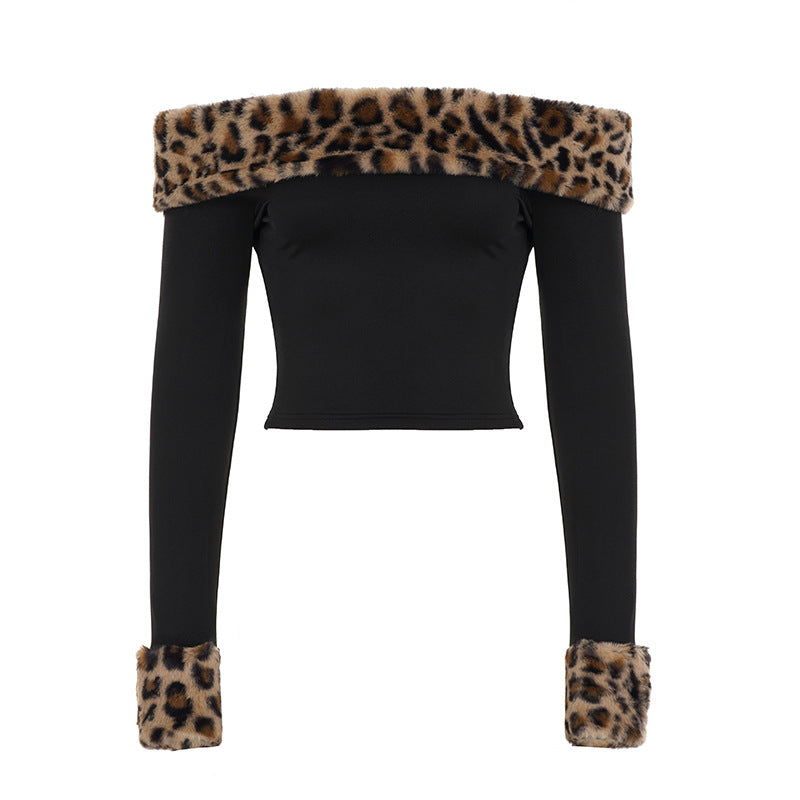 Damen nan schulterfreies Crop-Top mit kunstfellkragen und Manschetten im Leopardenmuster Echo Archiv