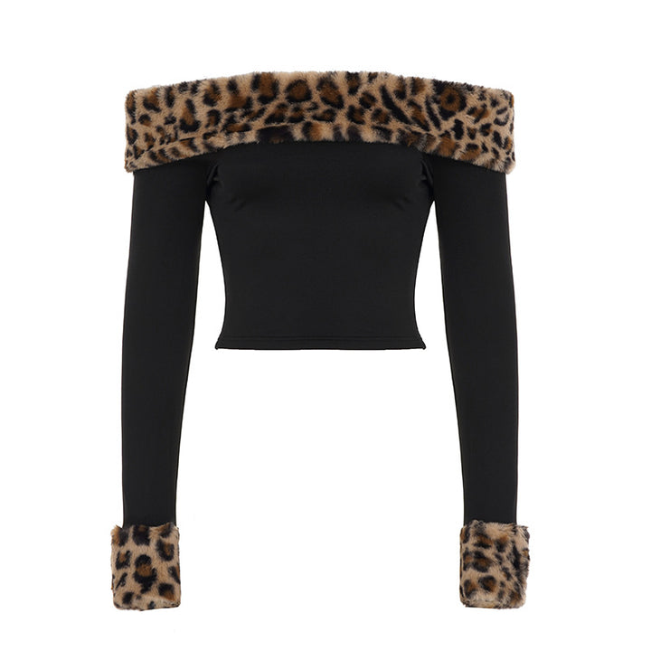 Damen nan schulterfreies Crop-Top mit kunstfellkragen und Manschetten im Leopardenmuster Echo Archiv