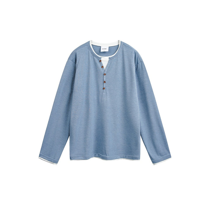 Unisex Baumwollmix-Henleyshirt mit doppellagigem Kragen und Holzknopfleiste Echoarchiv