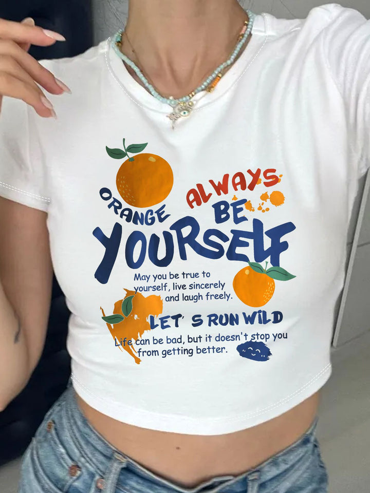 Damen Crop-T-Shirt mit inspirierendem Schriftzug und fröhlichem Obstmotiv Echo Archiv