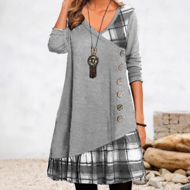 Damen nan asymmetrisches V-Ausschnitt-Tunika-Kleid mit Zierknopfleiste und Animalprint-Besatz Echo Archiv