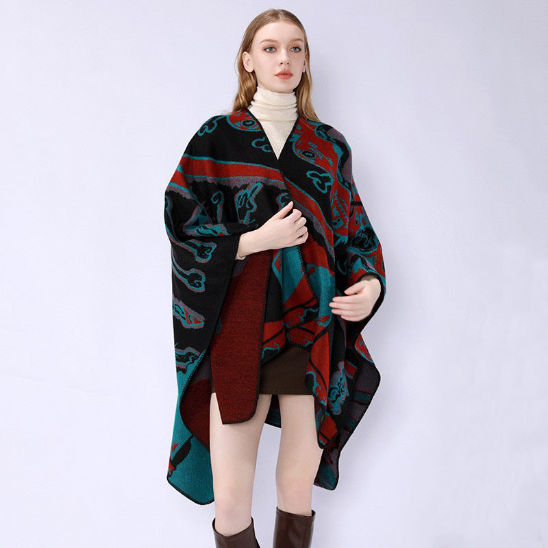 Damen Jacquard-Überwurfponcho mit musikalischem Ornament und Rollkante Echo Archiv
