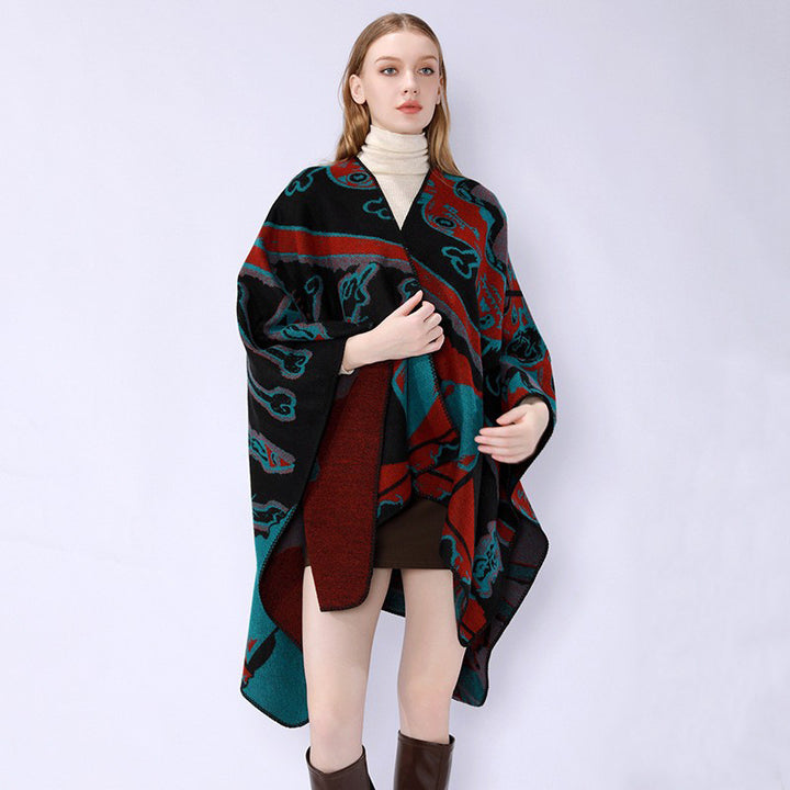 Damen Jacquard-Überwurfponcho mit musikalischem Ornament und Rollkante Echo Archiv