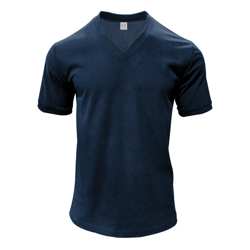 Herren nan strukturiertes V-Ausschnitt-Rippjersey-Shirt mit kurzem Arm und körpernaher Passform Echo Archiv